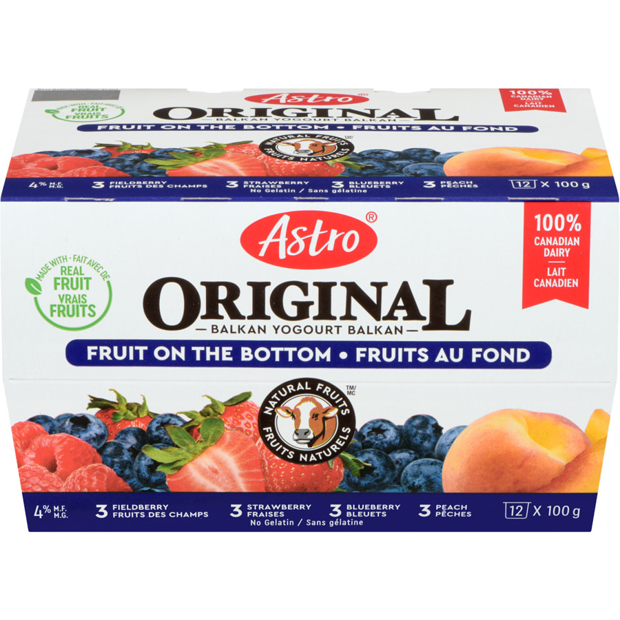 Astro Original Balkan yogurt variety pack box with strawberry, blueberry, and peach flavors