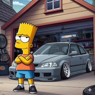 Bart Simpson standing in front of a lowered gray car in an open garage