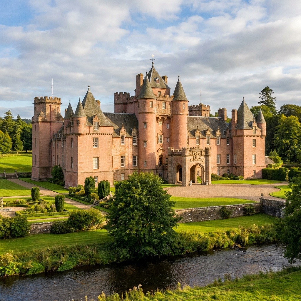 Pink sandstone Thirlestane Castle with turrets and towers surrounded by green gardens and river in Scotland