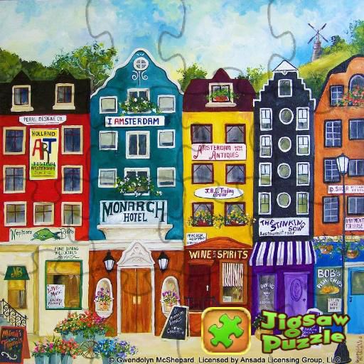 Colorful painting of Amsterdam canal houses with shops, hotels, and Dutch architectural details