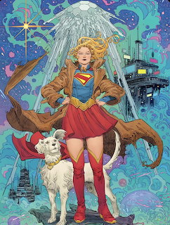 Comic illustration of Supergirl in classic costume with cape and white dog against a cosmic space background