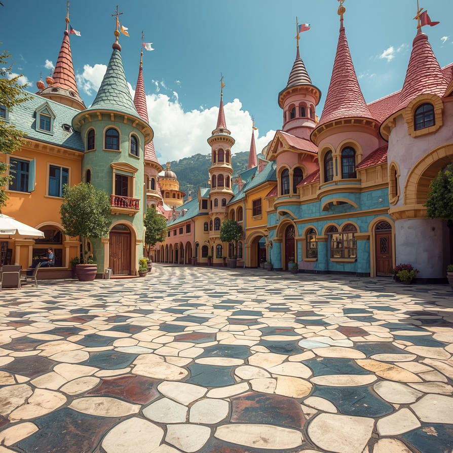 Vibrant fantasy town square with multi-colored buildings featuring ornate towers and decorative spires