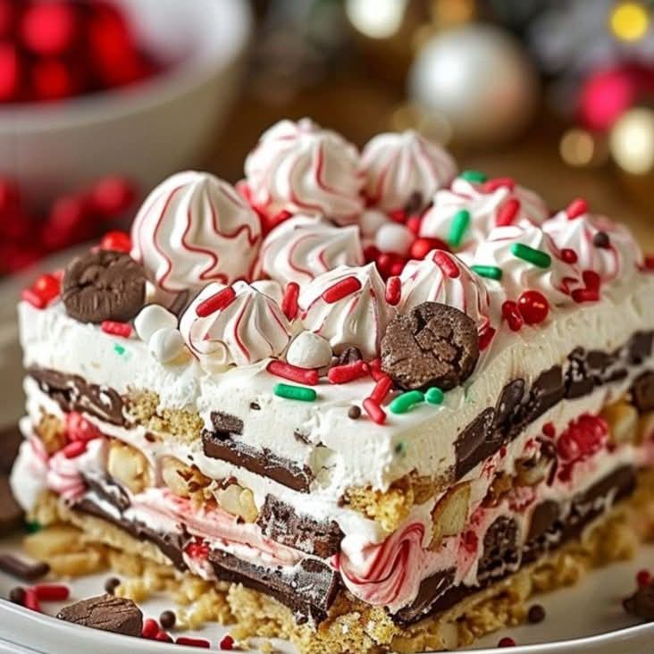 Festive layered dessert bars with peppermint swirl meringues and holiday candies on white plate
