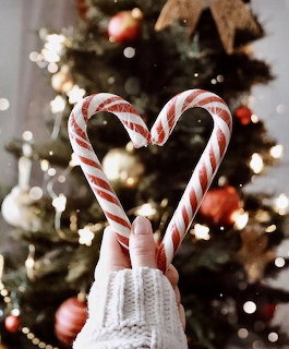 Hand in white knit sweater holding two candy canes in a heart shape in front of a Christmas tree