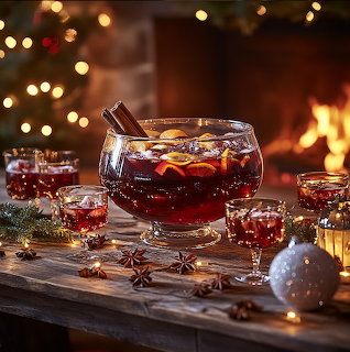 Glass punch bowl with red wine punch, citrus slices, cinnamon sticks, Christmas tree lights and fireplace in background