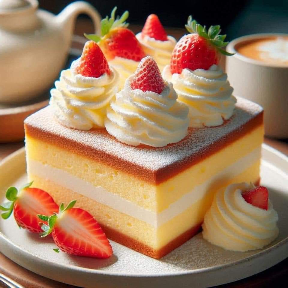 Square layered cake decorated with whipped cream swirls and fresh strawberries