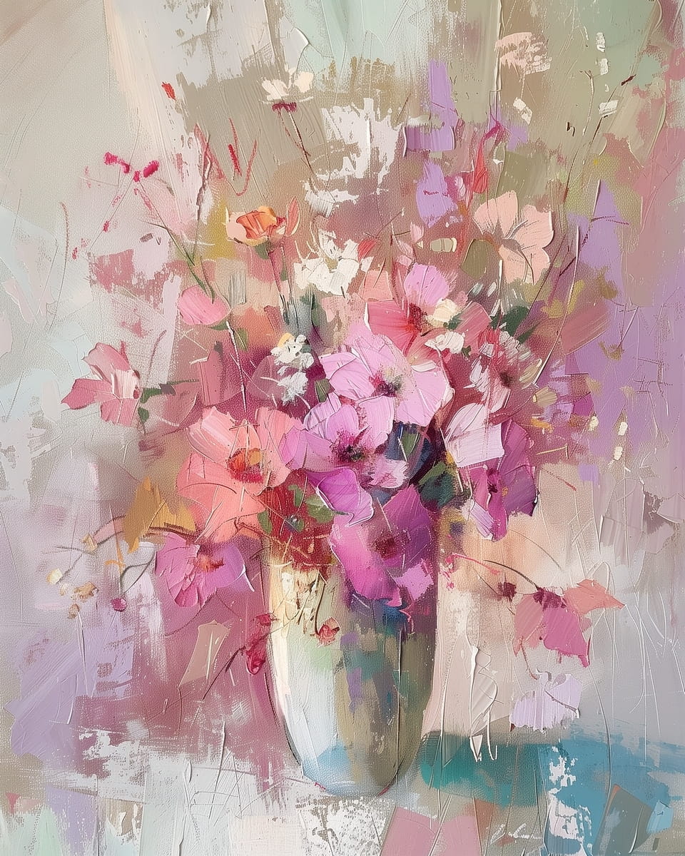 Impressionist painting of pink and purple flowers in a white vase with soft pastel brushwork