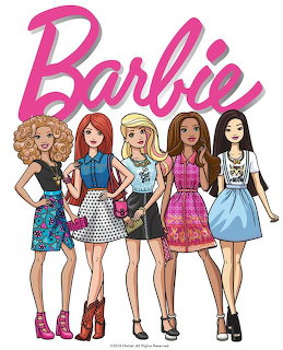 Five Barbie dolls in varied fashionable outfits standing together under pink Barbie script logo