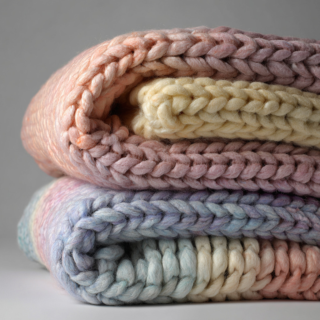 Stack of folded chunky knit blankets in soft pastel colors