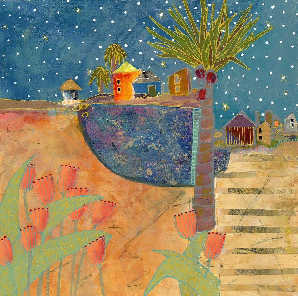 Mixed media art of coastal village with colorful houses, flowers, palm tree and starry sky by Jill Krasner