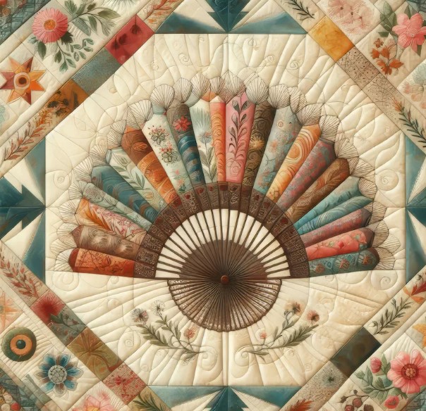 Quilted fan design with colorful floral fabrics arranged in radiating pattern on cream quilted background