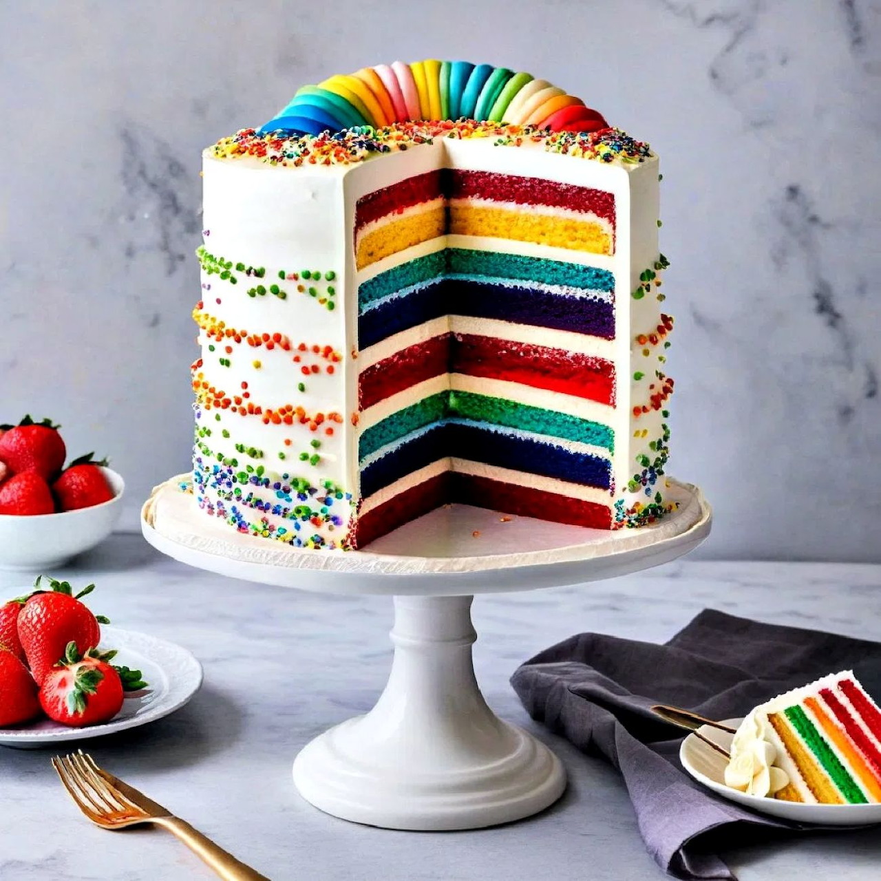 White frosted rainbow layer cake on a cake stand with colorful layers and sprinkles