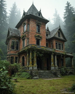 Abandoned Victorian brick mansion with moss-covered pillars surrounded by fogy pine forest