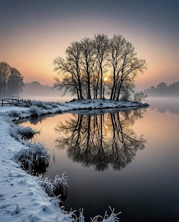 Bare trees on snowy island reflected in calm foggy lake at winter sunrise