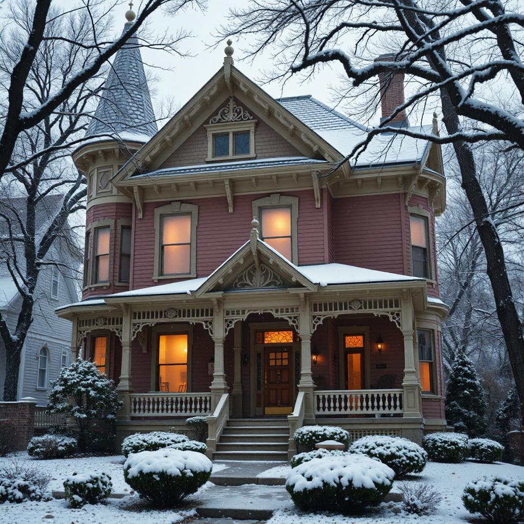 Pink Victorian house with turret and lit windows in snow at dusk, surrounded by bare trees