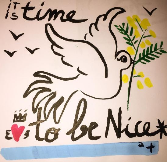 Sketch of dove with olive branch and handwritten text 'it's time to be Nice'