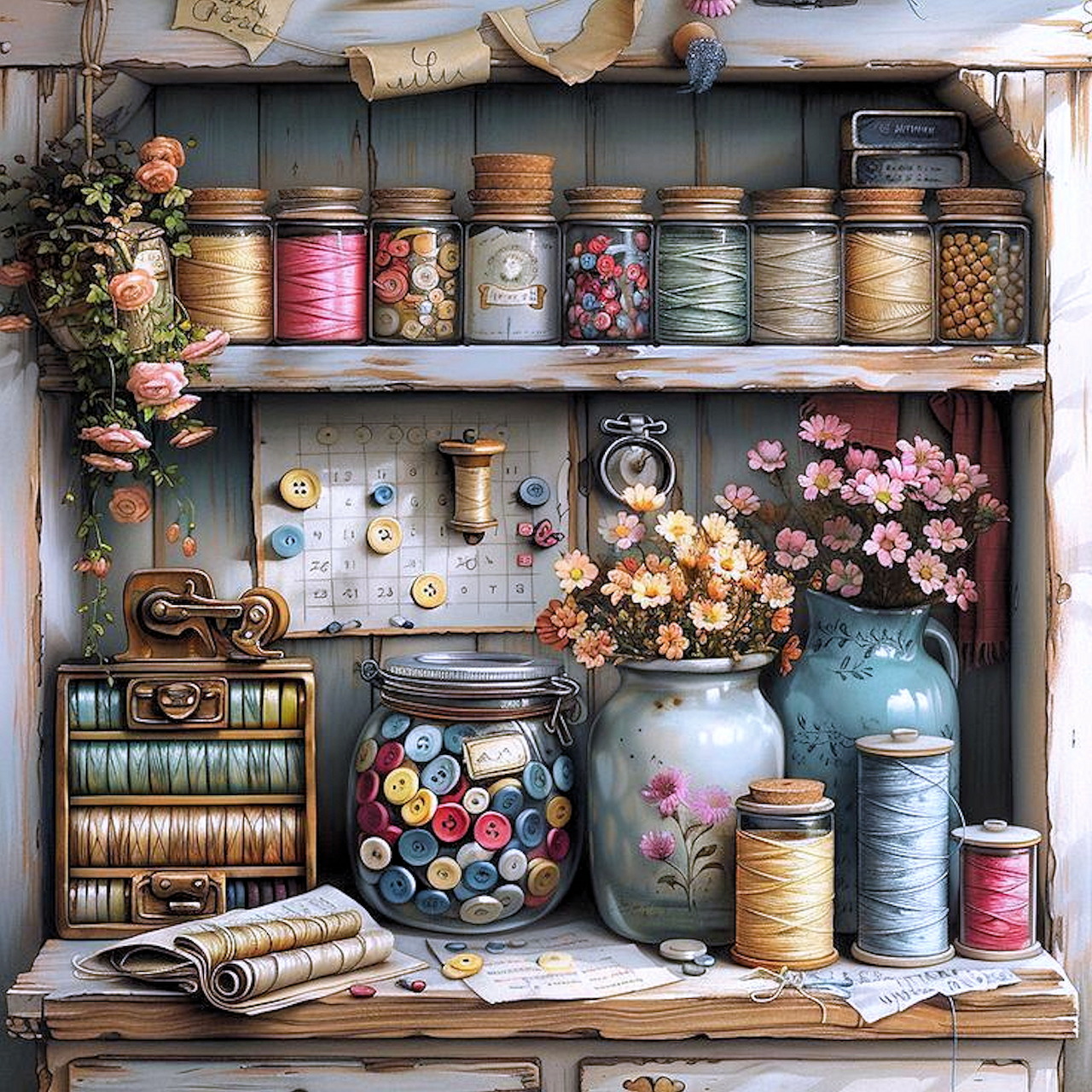 Shelves with vintage jars of buttons, thread spools, and sewing notions beside floral arrangements