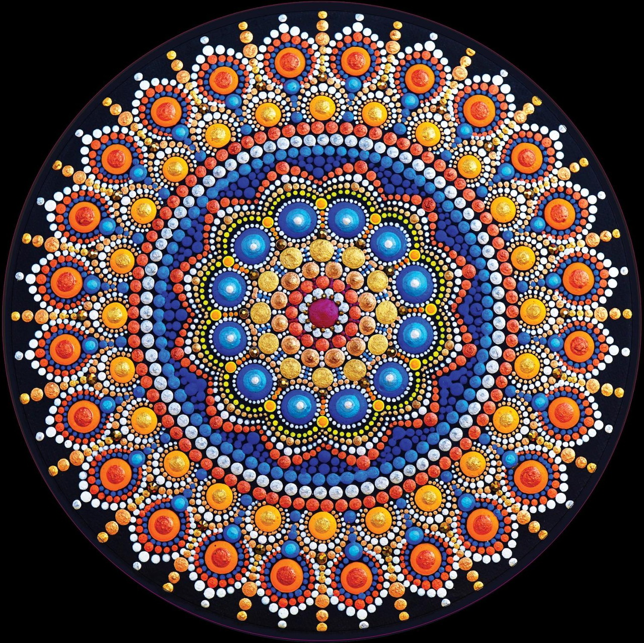 Circular mandala with colorful dotted patterns radiating from center on black background