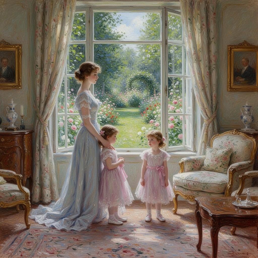 Mother in white gown with two daughters in pink dresses standing by garden window in elegant room