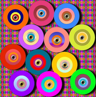 Twelve colorful circular discs with concentric rings arranged in a 3x4 grid on a vibrant patterned background