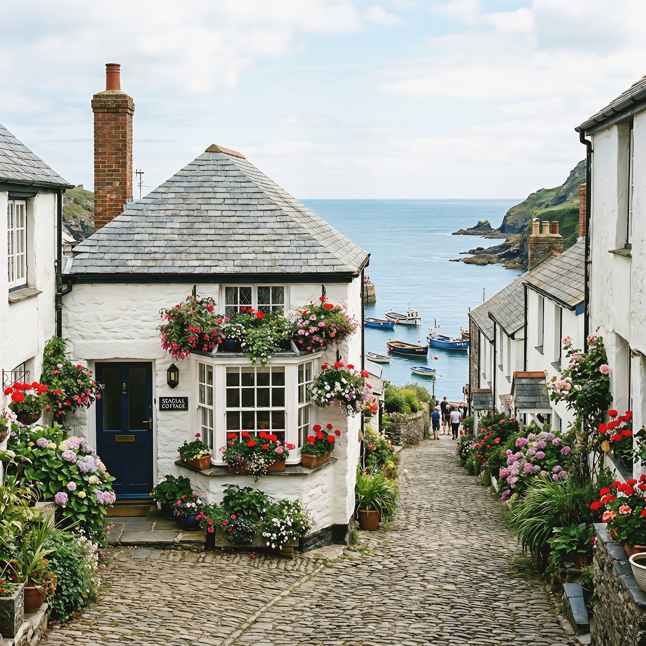 Steep cobbled street with white cottages adorned with flowers leading down to a coastal harbor