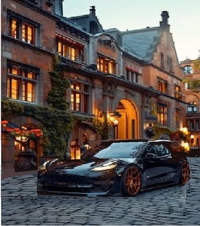 Black sports car on cobblestone street in front of lit historic building at dusk