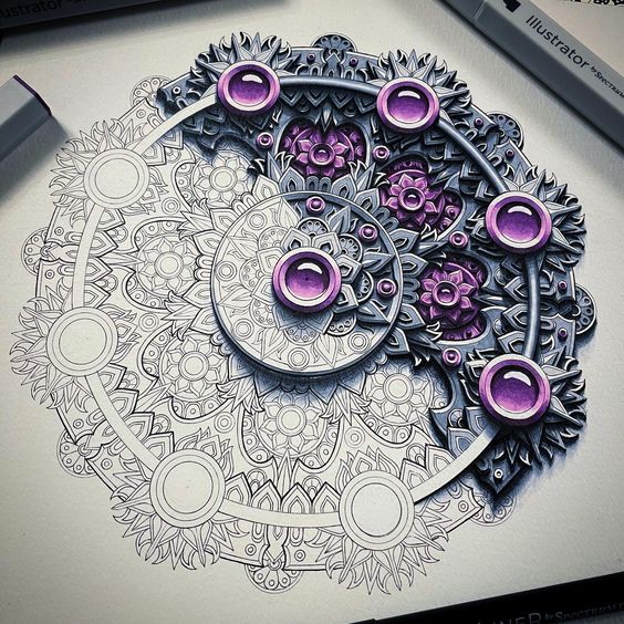 Detailed circular mandala with gears and purple jewel accents on a pale background