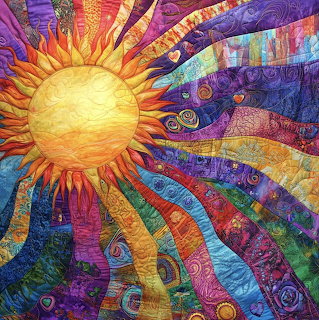 Colorful quilted sun with radiating patterned fabric rays in vibrant hues