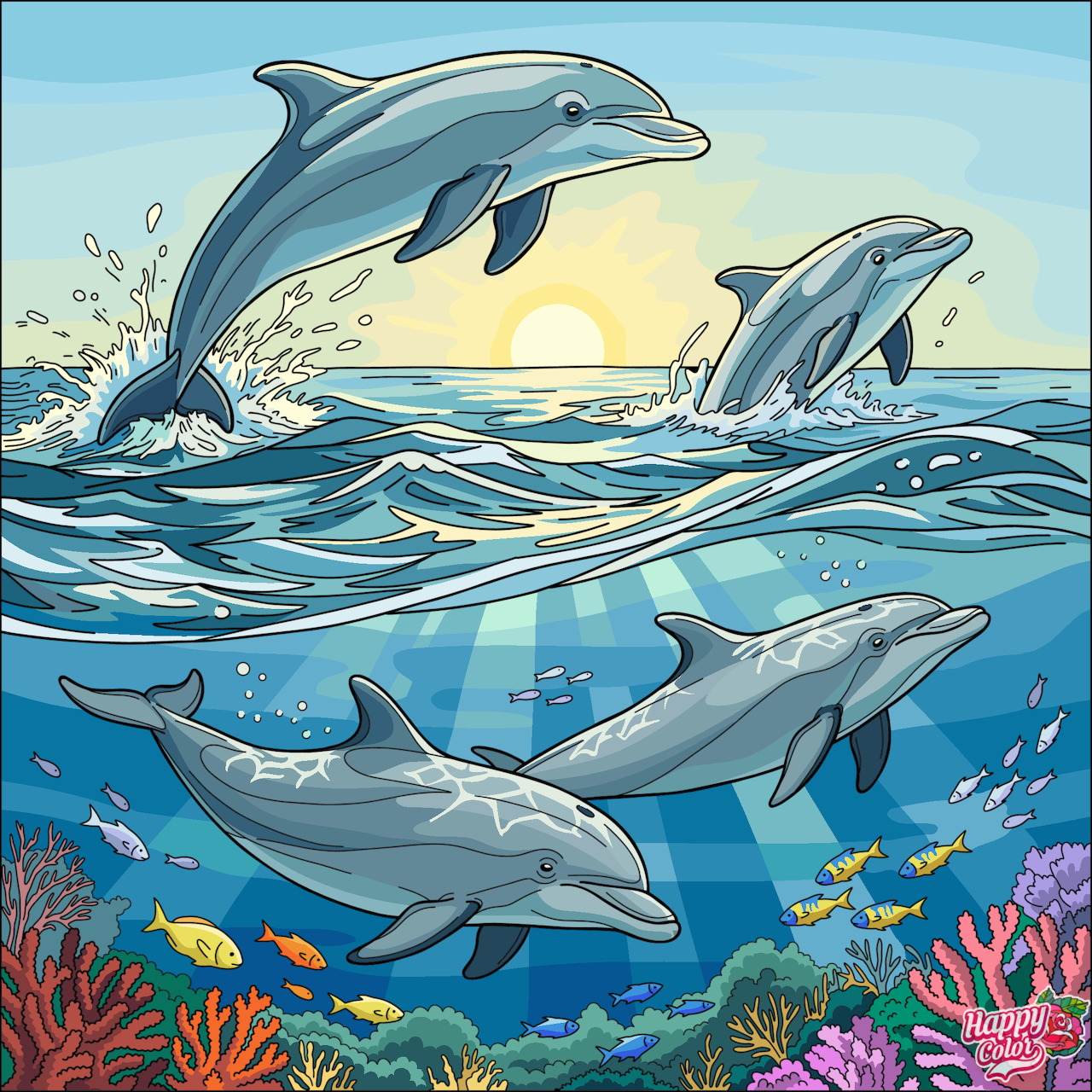 Illustration of dolphins swimming and jumping in the ocean above a coral reef at sunset
