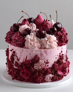 Pink decorated cake topped with dark cherries, meringue kisses, and cream rosettes on gray background