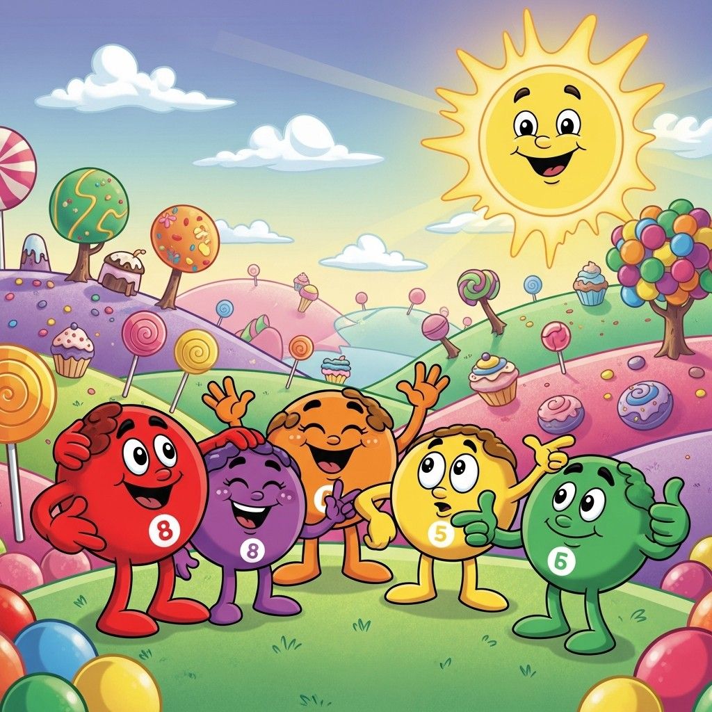 Colorful cartoon candy characters with faces standing in vibrant fantasy candy landscape under smiling sun