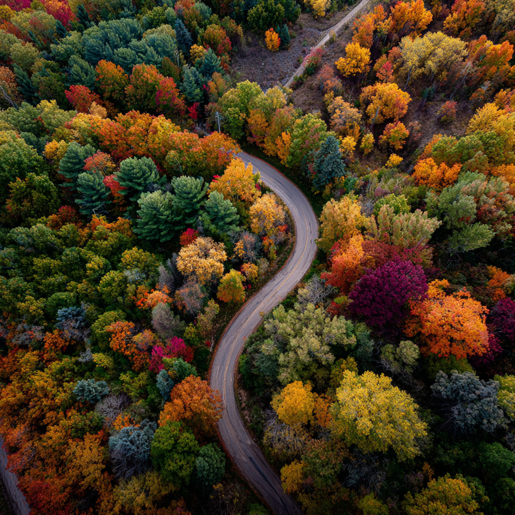 Aerial view of a curving road winding through colorful autumn forest trees
