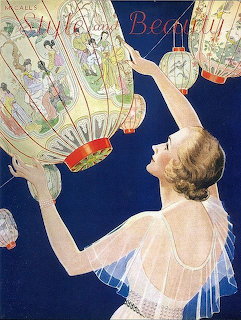 Vintage illustration of a woman in white reaching up to a large ornate paper lantern on dark blue background