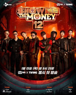 Show Me The Money 12 promo poster with hip-hop artists on red background