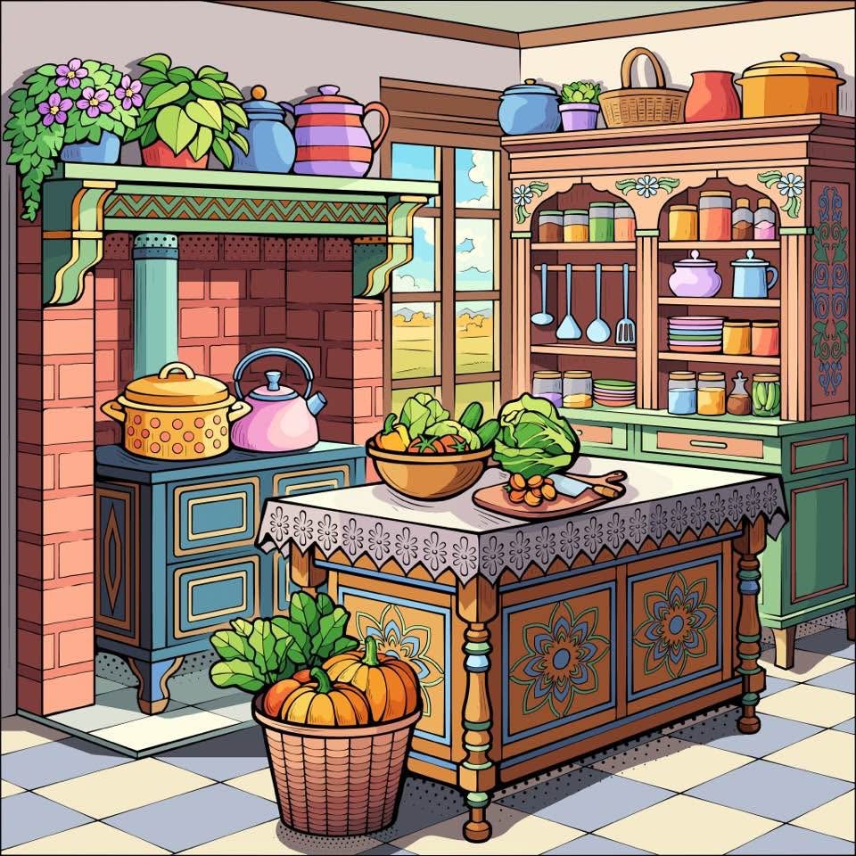 Illustrated cozy kitchen with ornate island, checkered floor, shelves with colorful dishes and potted plants