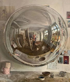 Painting of a large reflective silver sphere showing a distorted view of an artist's studio interior