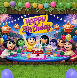 Animated characters celebrating birthday with cake, balloons and colorful decorations