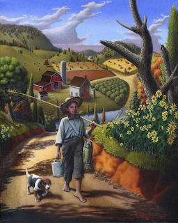 Folk art painting of boy with dogs on rural farm road with red barn and rolling hills