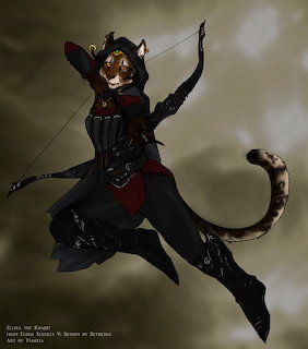 Digital art of a Khajiit cat warrior in dark armor drawing a bow while leaping through the air
