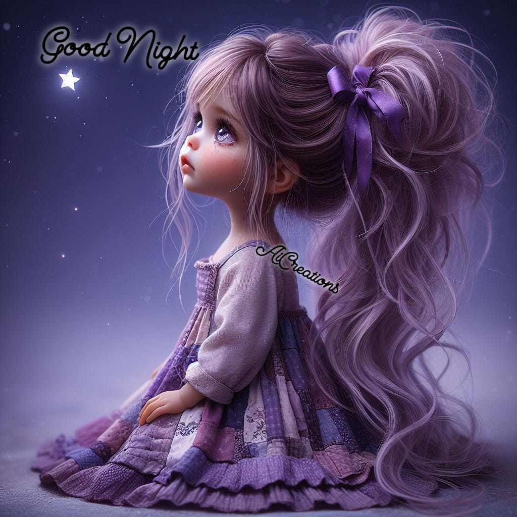 Illustrated girl with long purple hair in a dress, sitting and gazing at a star in the night sky