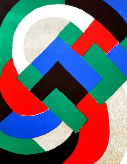 Abstract geometric art with overlapping curved and angular shapes in red, blue, green, black, and beige