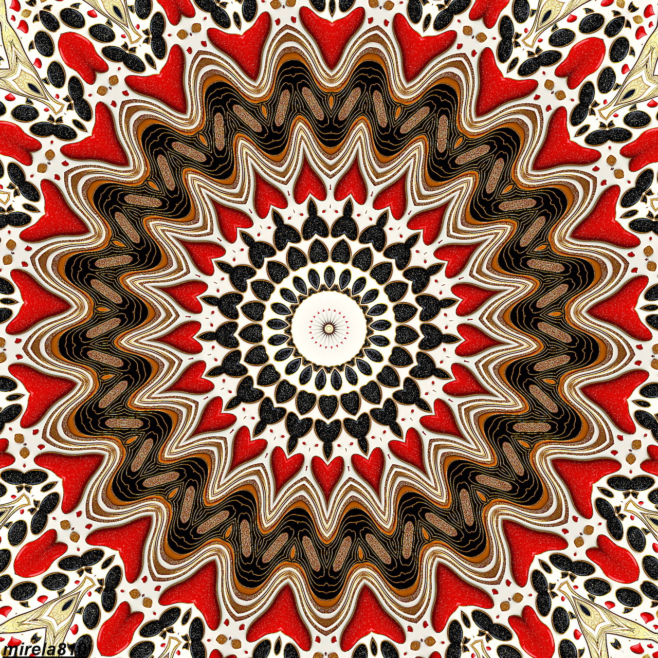 Circular mandala with red, black, and gold geometric patterns radiating from center in perfect symmetry