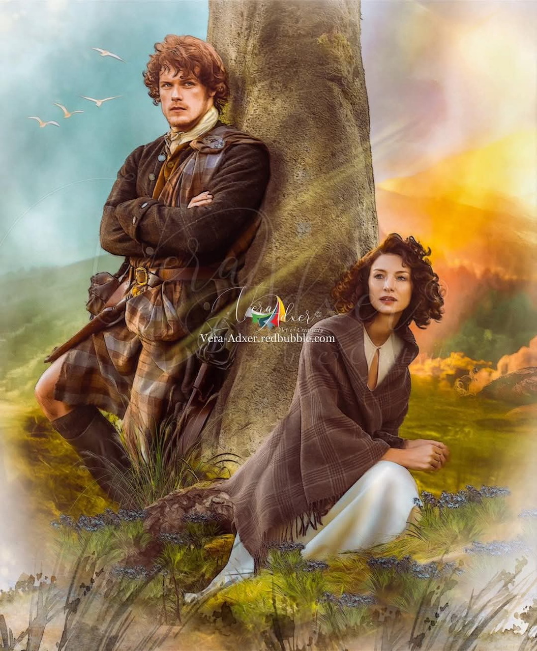 Man and woman in historical Scottish clothing sitting by a stone monument in a Highland landscape