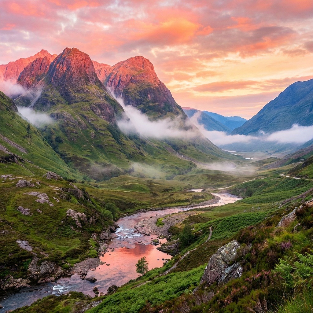 Scottish mountain peaks at sunrise with mist-filled valley and stream