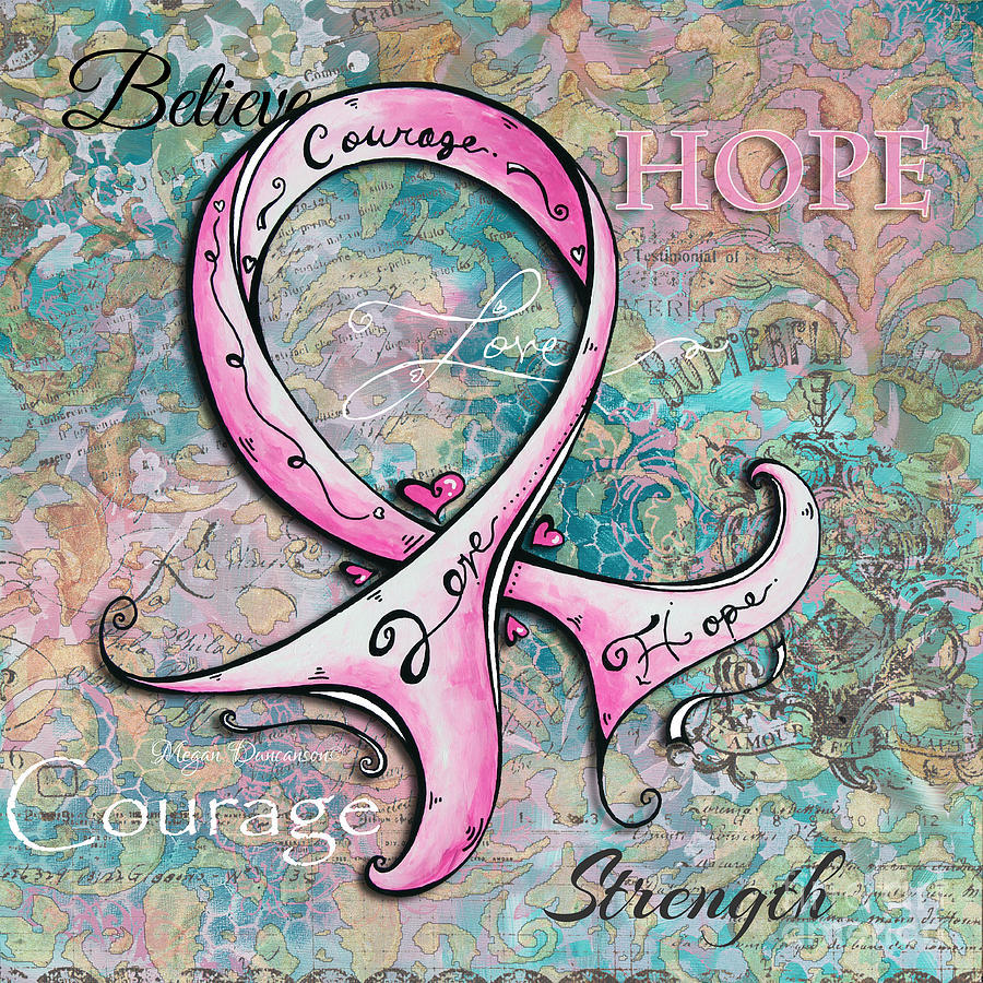 Pink awareness ribbon illustration with hopeful words on a pastel abstract background