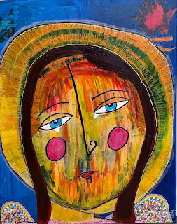 Colorful folk art portrait with yellow face, blue eyes, pink cheeks, and rainbow halo on blue background