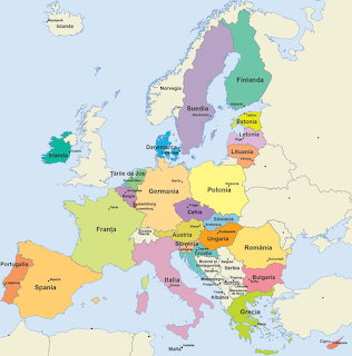 Colorful labeled political map of Europe showing country borders and names
