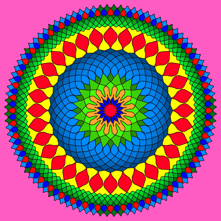 Colorful mandala with layered geometric patterns in red, yellow, blue, green on pink