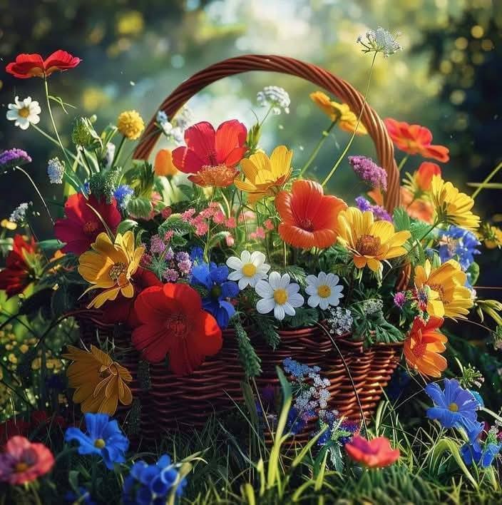 Wicker basket filled with red, yellow, blue, and white wildflowers in sunlit garden