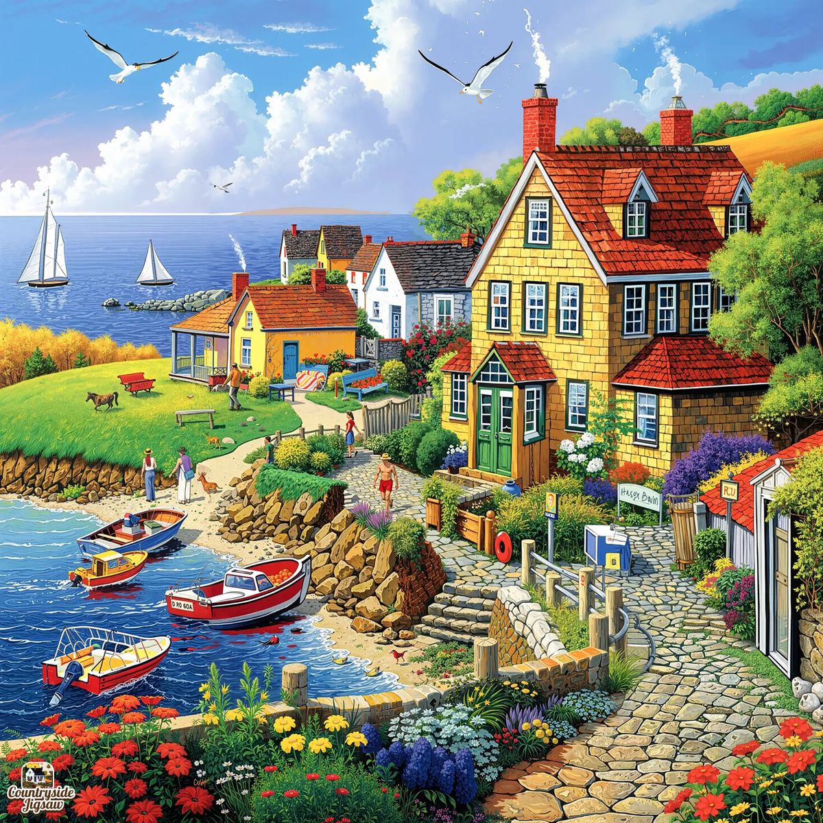 Colorful illustration of a seaside village with houses, gardens, boats in harbor, and sailboats on the ocean